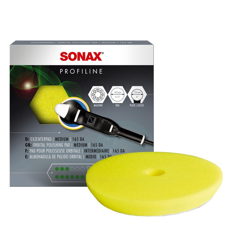 SONAX Yellow Dual Action Polishing Pad  Medium Cut Foam Pad for Swirl Removal  Paint Refinement  Ventilated Design Prevents Overheating  Durable Hook  Loop Backing  493500  65 Inch - Image 1